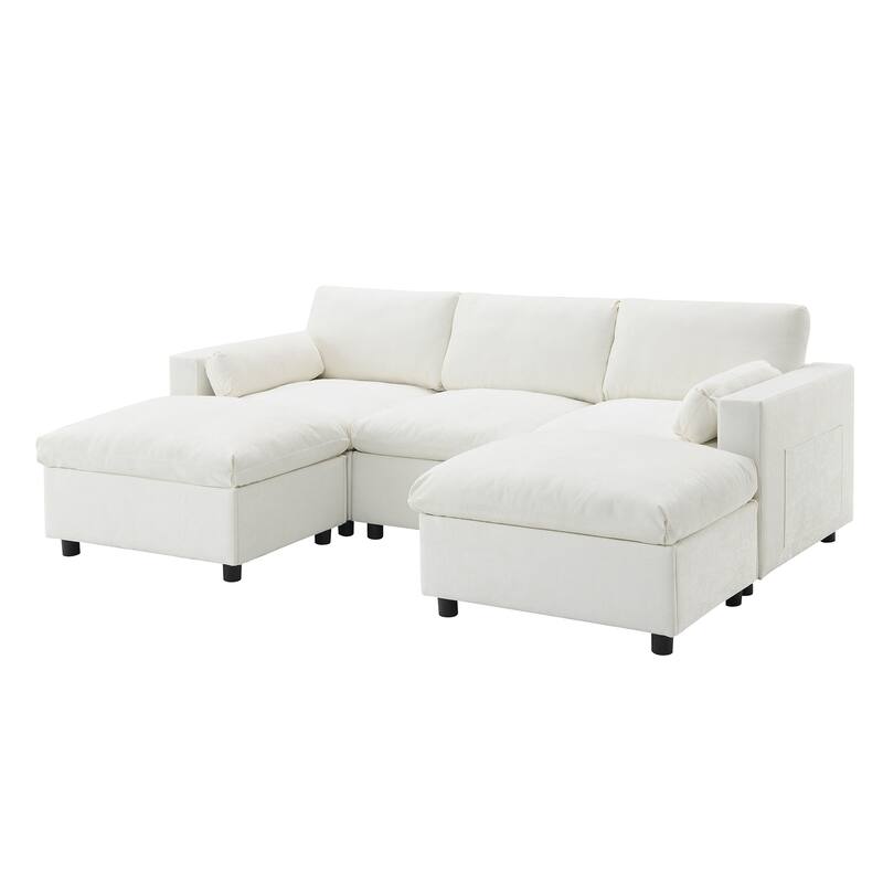 86.5" Chenille Modular Sectional Sofa with Storage Pockets, 5-Seater U-Shaped Couch Set amd 2 Movable Ottomans