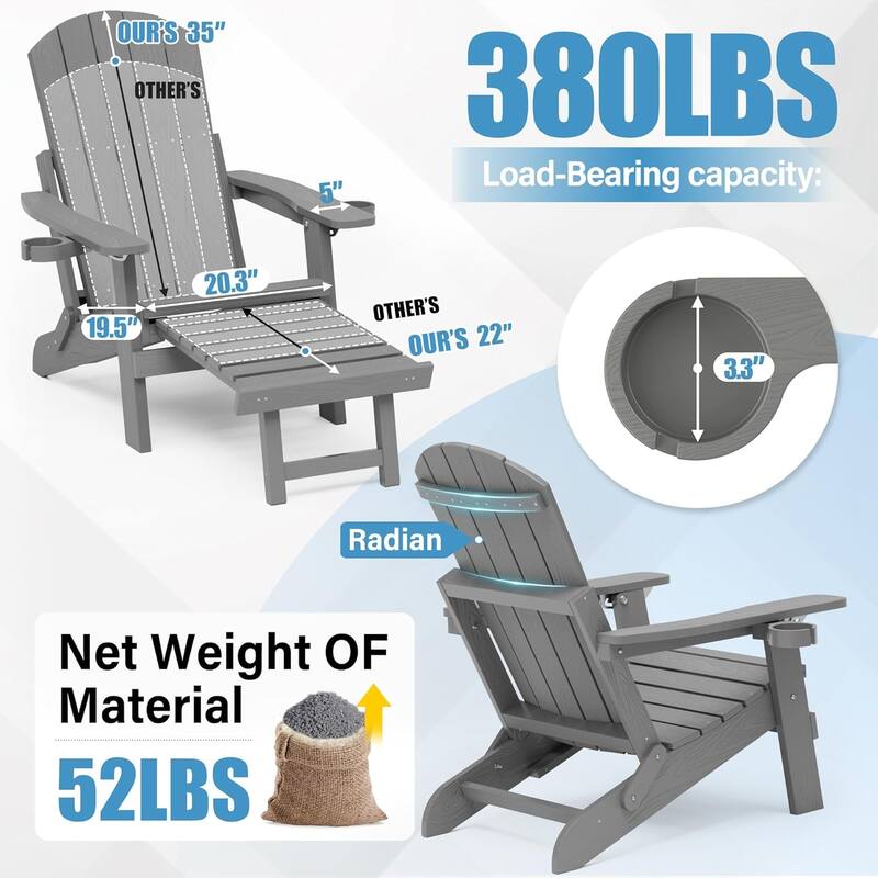 WINSOON Set of 2 HIPS Folding Adirondack Chair with Adjustable Backrest and Retractable Ottoman