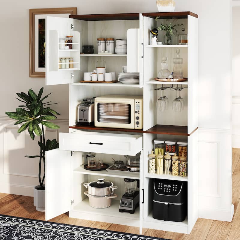 71'' Farmhouse Kitchen Pantry Sideboard with Cabinet and Drawer, Multifunctional Kitchen Buffet with Hutch and Glass Holder