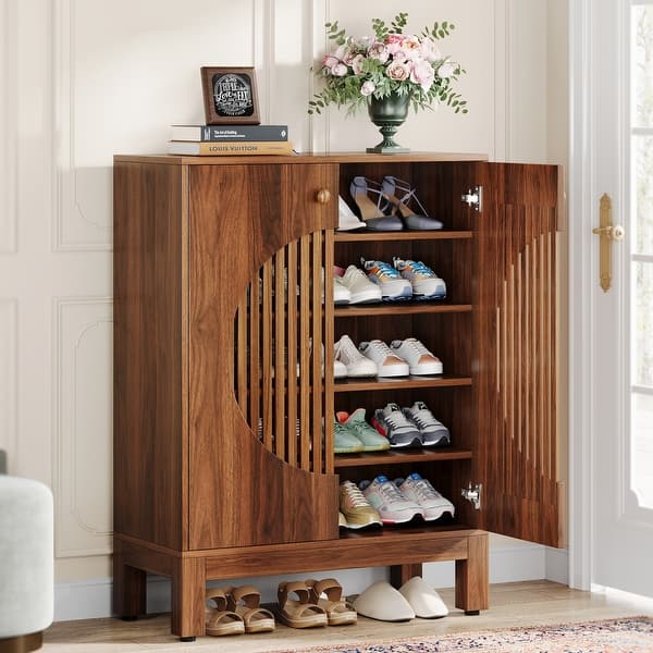 5-Tier Shoe Cabinet with Doors, Wood Shoe Storage Cabinet for Entryway - Brown