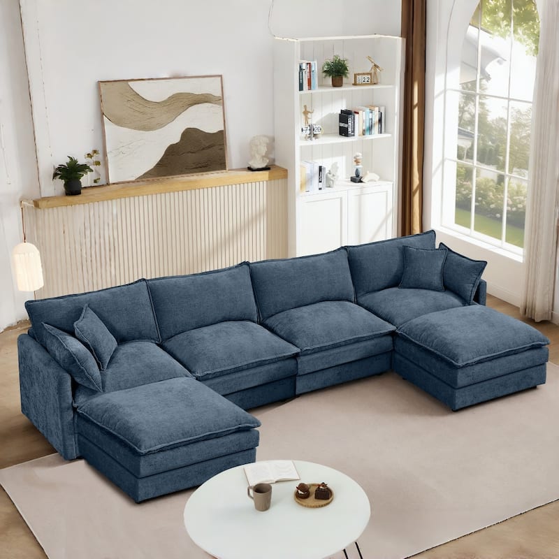 130.7" Modular Chenille U-Shape Sectional Sofa with Movable Ottomans - Blue