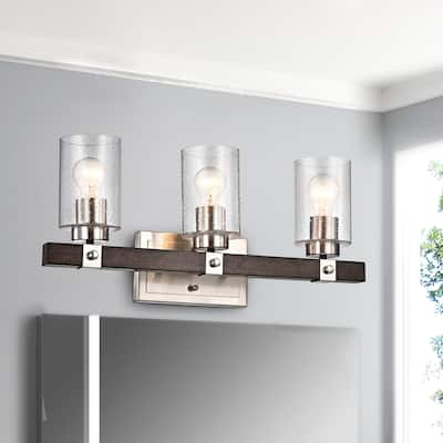 Brushed Nickel and Wood 3-Light Vanity with Seedy Glass Sconces - Brushed Nickel and Wood