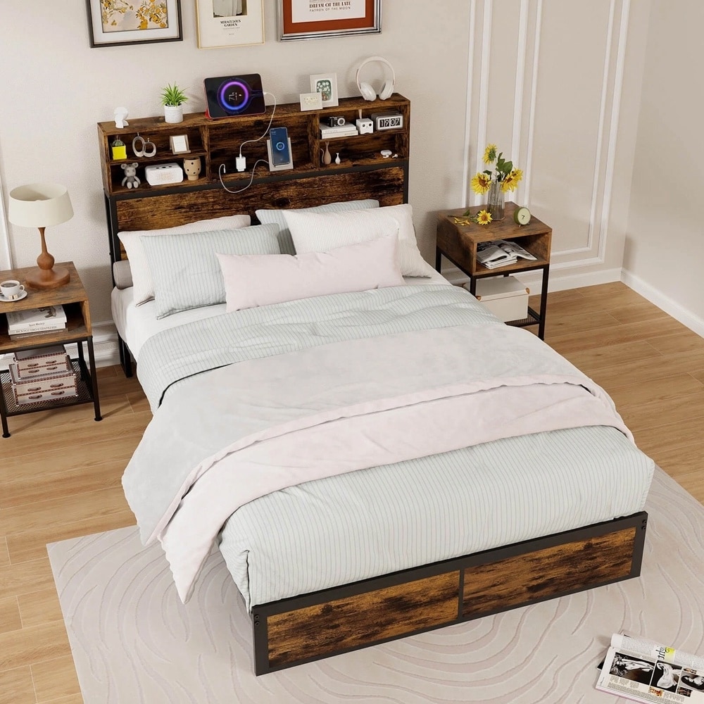 Full Bed Frame Headboard Under-bed Storage Space Charging Station