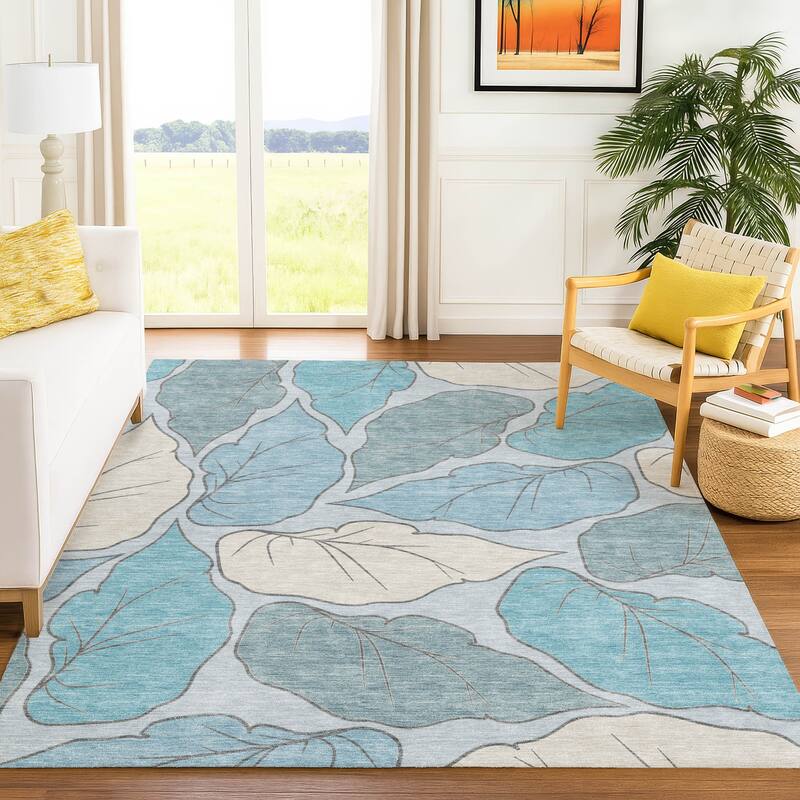 Machine Washable Indoor/ Outdoor Contemporary Floral Chantille Rug