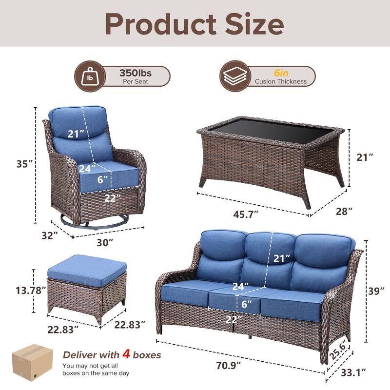 Gymojoy 6-Piece Patio Furniture Set with Swivel Glider Chairs, 6-Inch Ultra-Plush Cushions & Water-Resistant Olefin Fabric