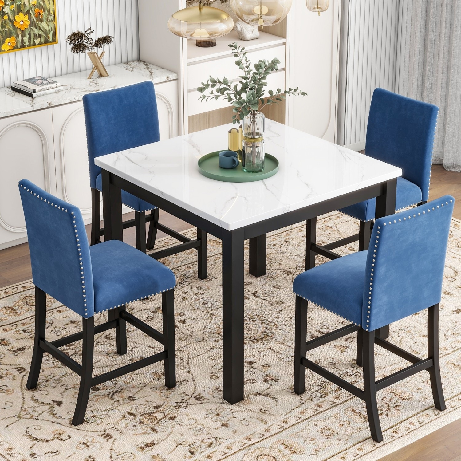 35" Faux Marble Top Dining Table and 4 Velvet Chairs, 5-Piece Dining Set