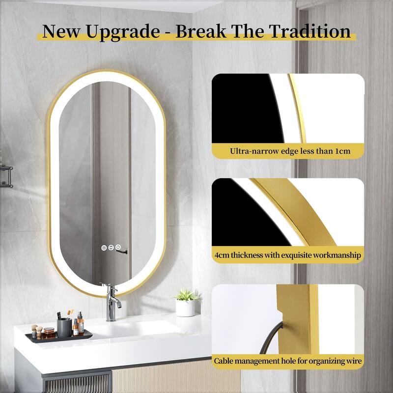 Oval LED Bathroom Mirror Light Wall Mounted with Metal Frame Anti-Fog