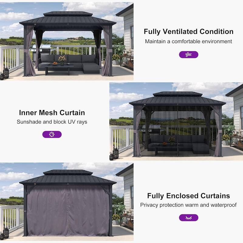 PURPLE LEAF Gazebo Grey Outdoor with Dual-Layer Galvanized Steel Double Roof Aluminum Gazebo with Netting and Curtains