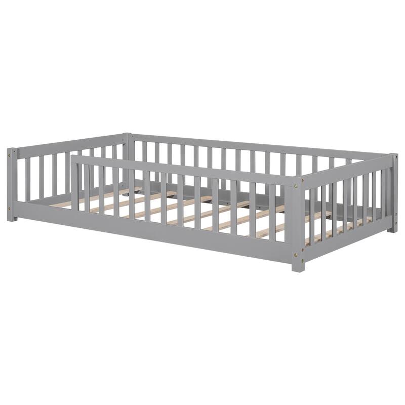Twin Wooden Floor Platform Bed with Fence without Door