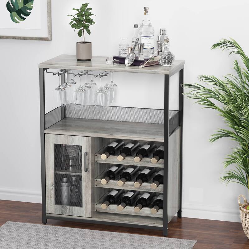 Wine Bar Cabinet with Storage,Small Liquor Cabinet,Bar Cabinet with Glass Holder - Grey