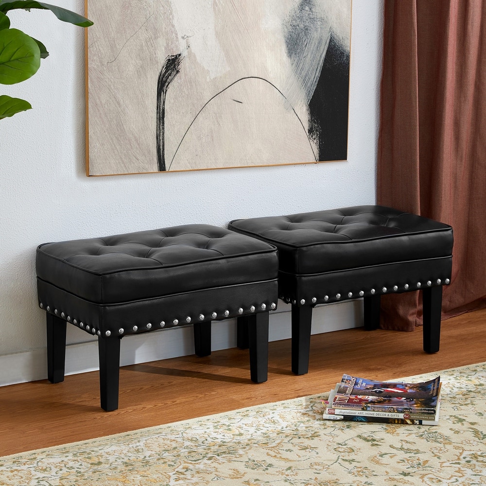 Glitzhome Set of 2 22"W Leatherette Button-tufted Foot Stools Ottomans