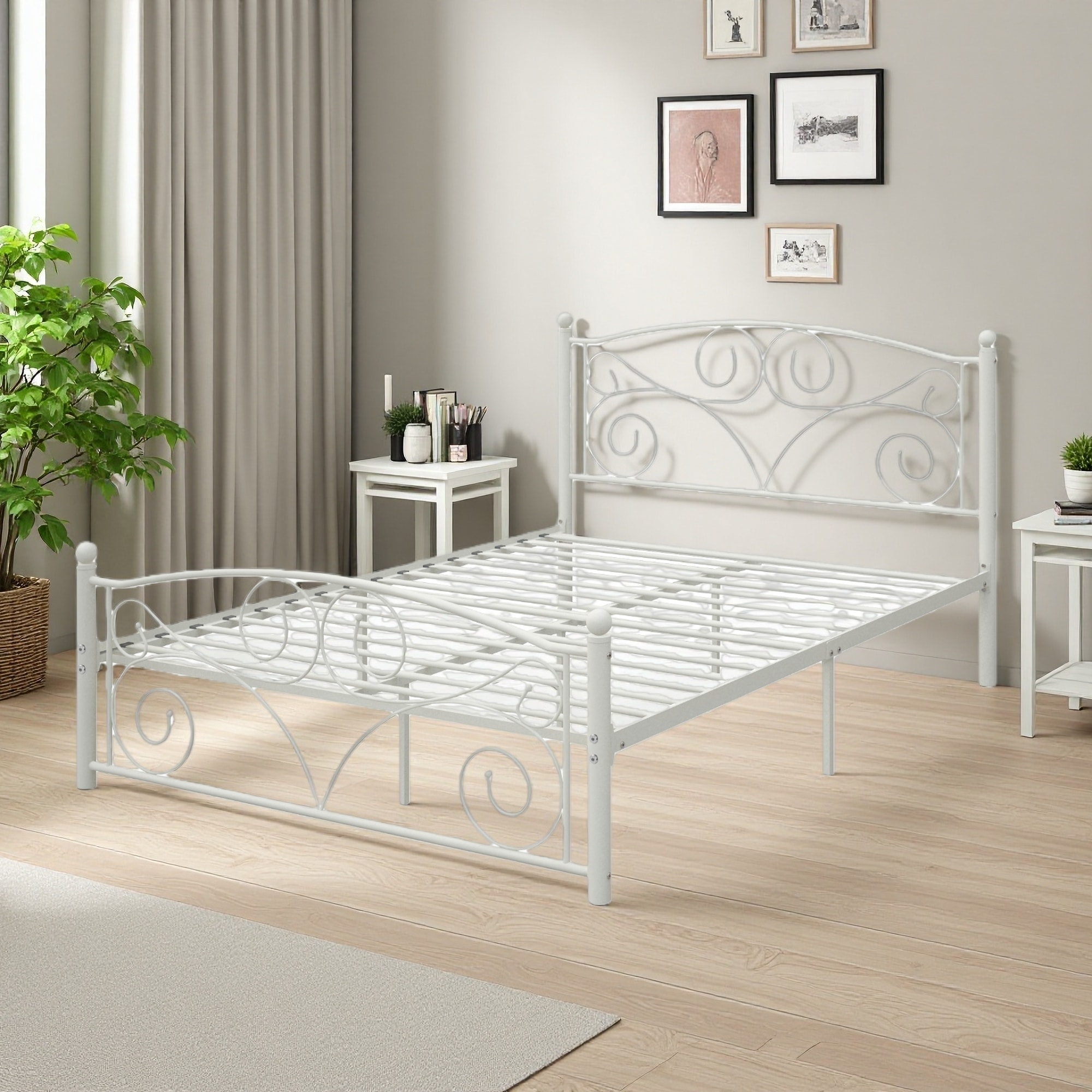 Full Metal Platform Bed with Floral Headboard