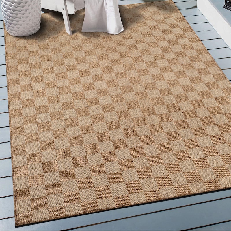 World Rug Gallery Checkered Indoor/Outdoor Flat Woven Area Rug - 4' x 6' - Sand