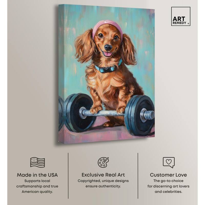 Cute Doxxie Work Out Canvas by Art Remedy, Gallery Wrapped