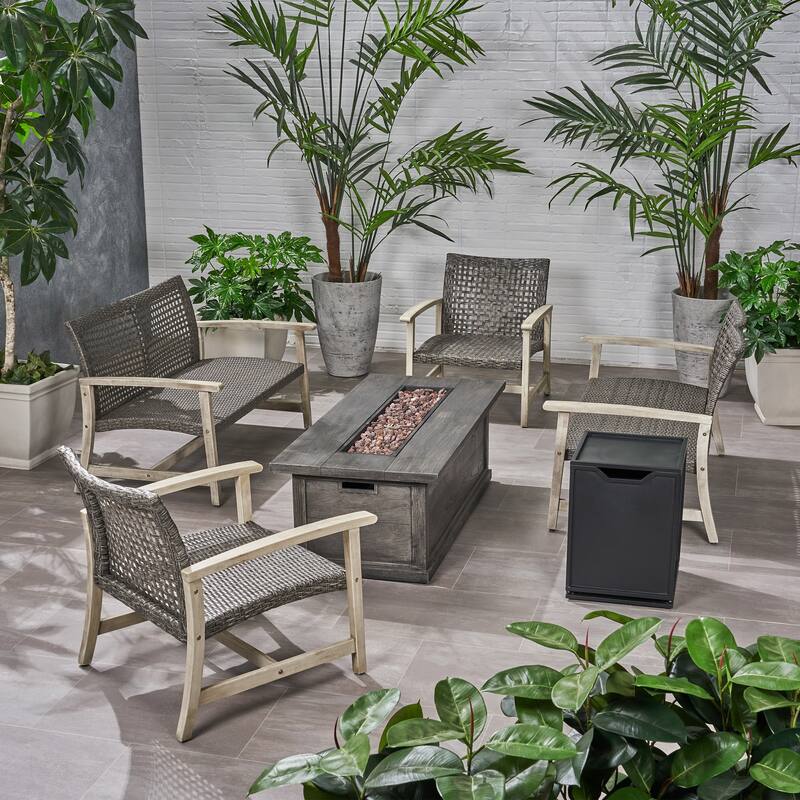 Breakwater Outdoor 6 Piece Wood and Wicker Chat Set with Fire Pit by Christopher Knight Home - Gray+Natural Finish+Brown