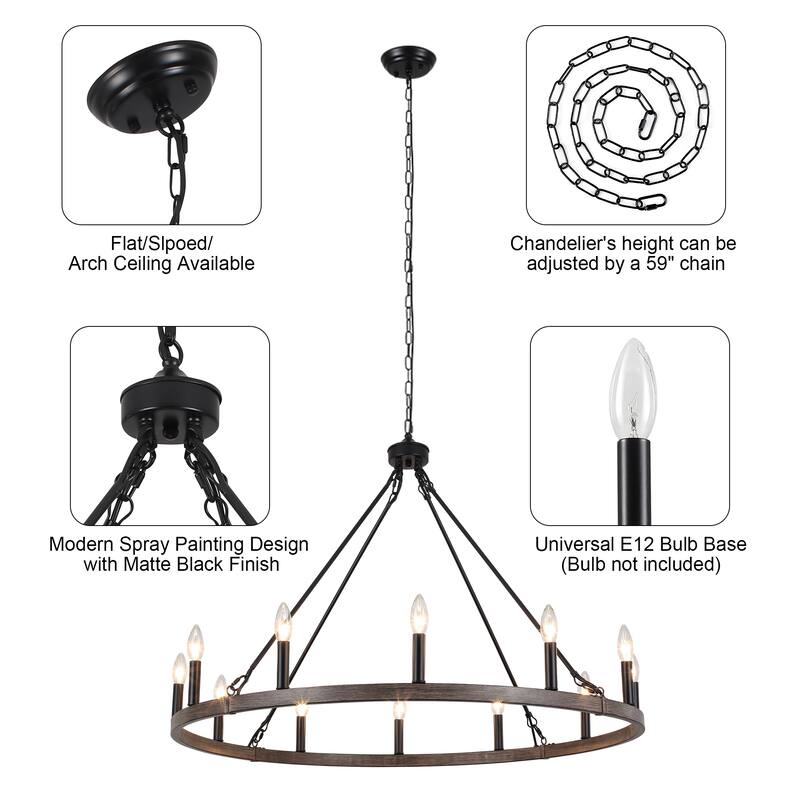 Dineen 12-Light Vintage Candle Style Wagon Wheel Chandelier