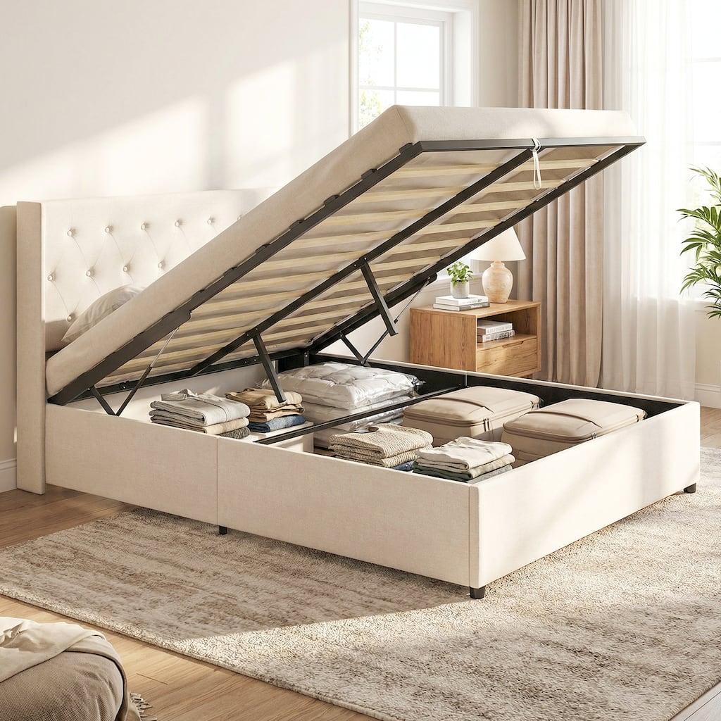 Gymax Queen Size Lift-up Storage Bed w/Tufted Wingback Headboard