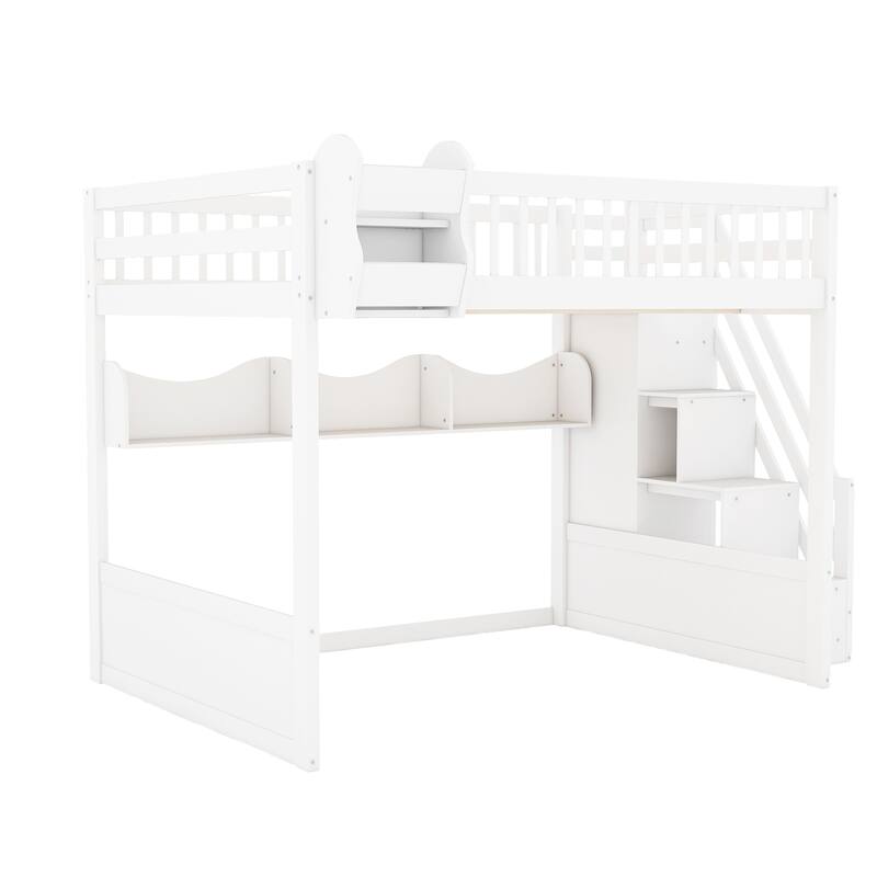 Roomfitters Queen Size Loft Bed with Wardrobe, Storage Staircase and Shelves
