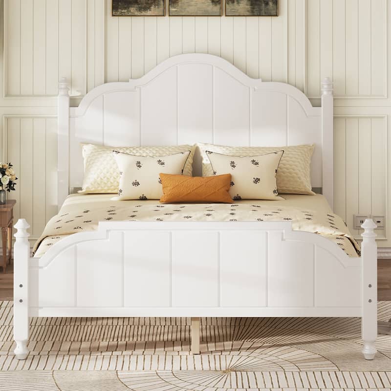 Vintage Platform Bed Frame with Headboard - Queen - White