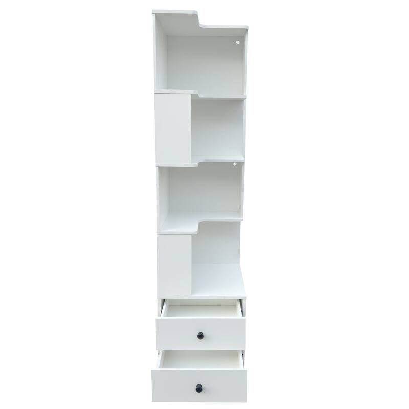 L-Shaped Corner Bookshelf with Drawers and LED Lights, 4-Tier Freestanding Display Stand for Home Office