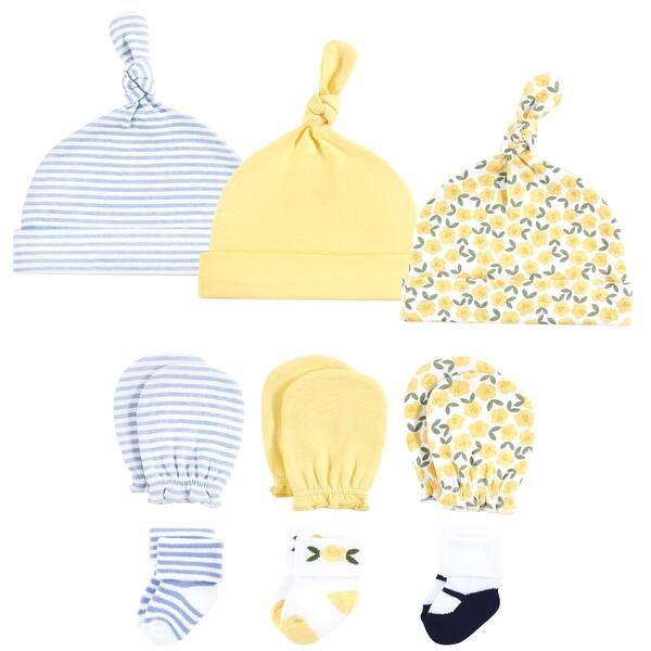 slide 1 of 1, Hudson Baby Girls Caps, Mittens and Socks Set, Buttercup, 0-6 Months - Buttercup Buttercup - 0-6 Months