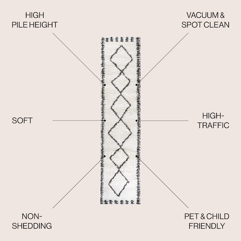 JONATHAN Y Catala Moroccan Diamond Shag Area Rug - 2 X 10 - White/Black
