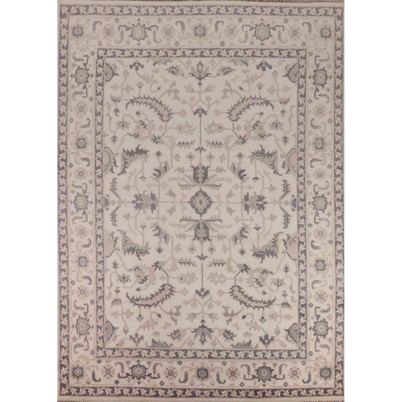 All-Over Ivory Floral Oushak Indian Area Rug Handmade Wool Carpet - 9'2"x 12'1"