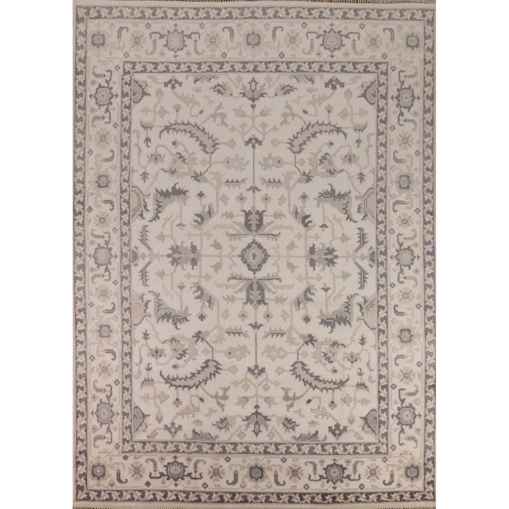 All-Over Ivory Floral Oushak Indian Area Rug Handmade Wool Carpet - 9'2"x 12'1"