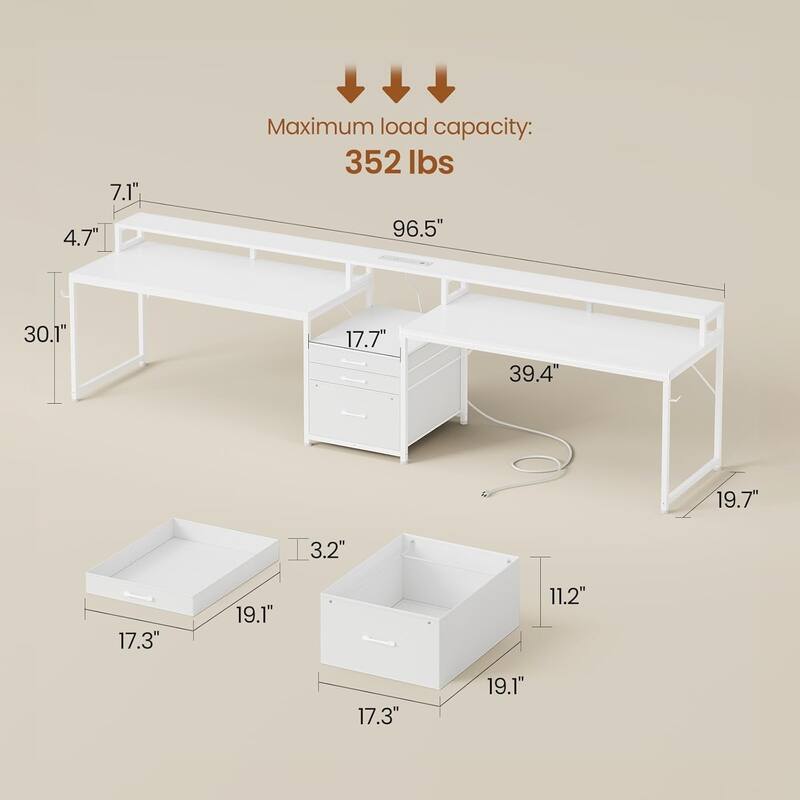 96.5" Office Desk double Person Computer Desk 3 Fabric Drawers