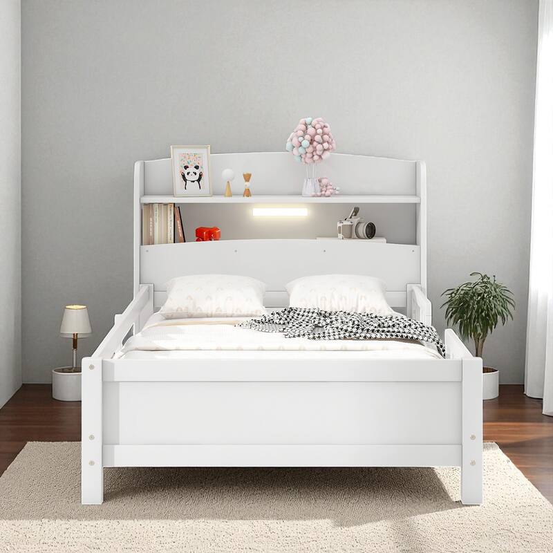 Twin/Full Size Wood Platform Bed with LED Light, Storage Headboard and Guardrail, No Box Spring Needed