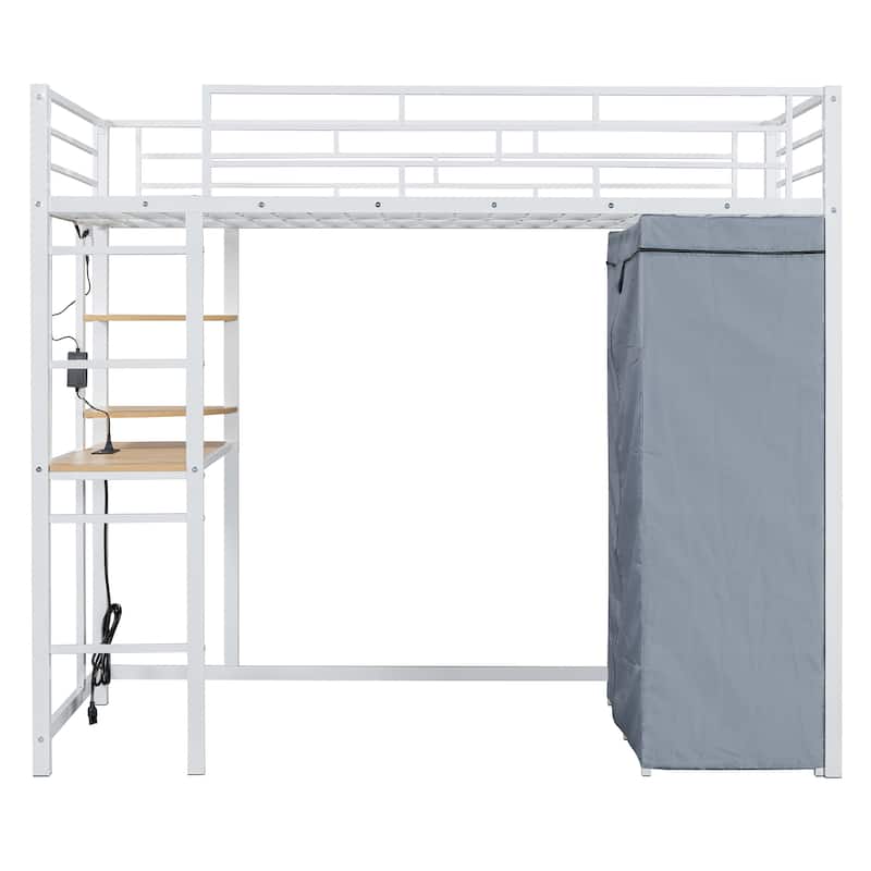 Heavy Duty Metal Twin Loft Bed with L Shaped Desk and Shelves