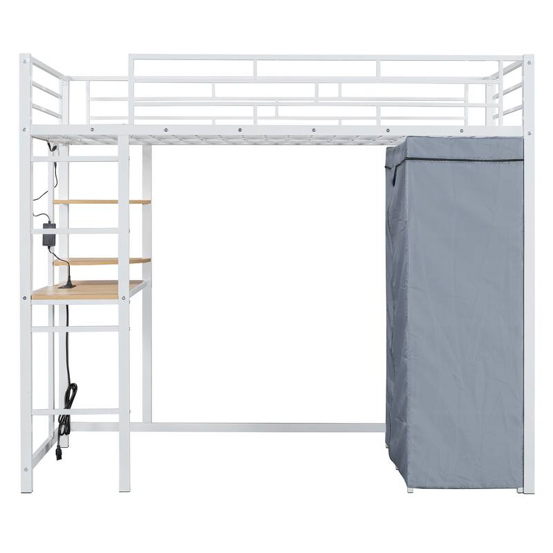 Twin Size Loft Metal Bed with Desk, Shelves, Power Outlet, LED Light and Wardrobe, White