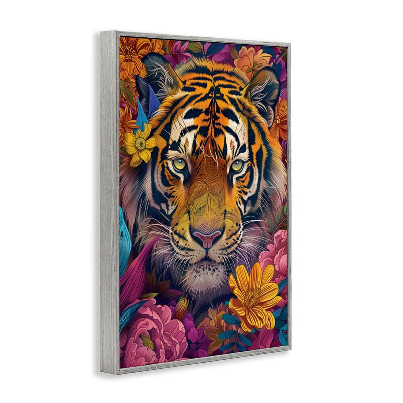 Stupell Peering Tiger Through Flowers Framed Giclee Art Design By LSR Design Studio
