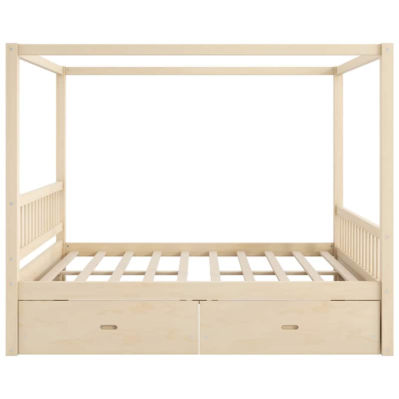 Wooden Canopy Bed Frame with Storage Drawers, Modern Poster Bed, Available in Queen or King