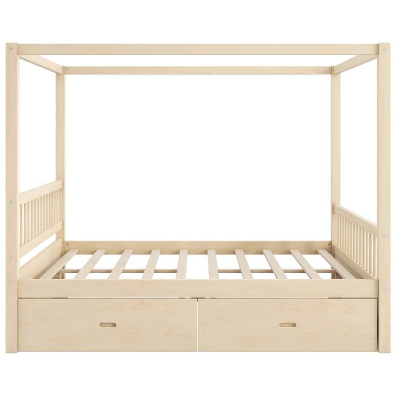 Wooden Canopy Bed with Storage Drawers, Low-Profile Four Poster Platform Bed with Wood Slat Support, No Box Spring Needed