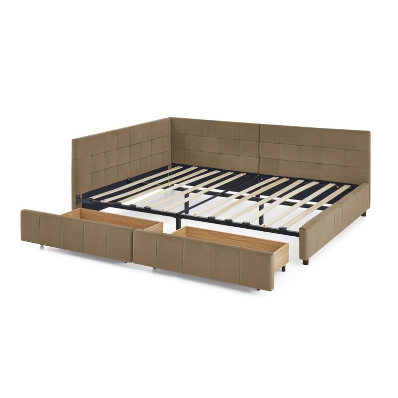 Full Size Mid-Century Velvet Upholstered Daybed with Storage Drawers, Wood Frame, Comfortable Backrest and Armrest