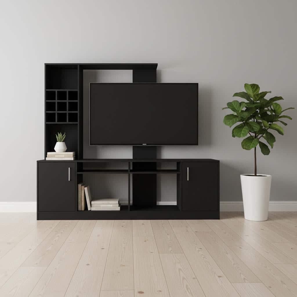 HomeRoots 78" Black Particle Board Open Shelving Entertainment Center - 78.00 in. x 71.10 in. x 14.70 in.