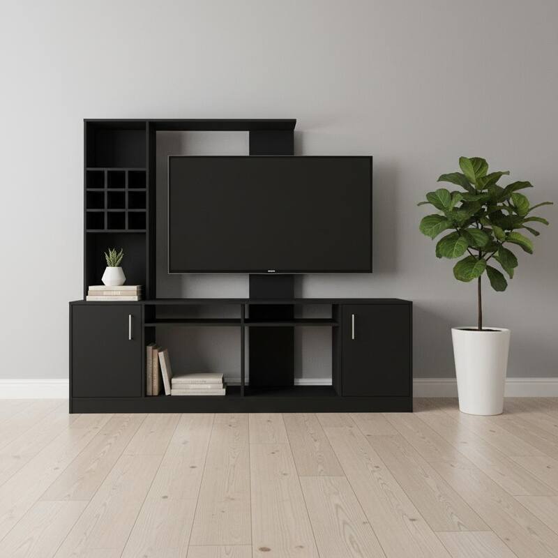 HomeRoots 78" Black Particle Board Open Shelving Entertainment Center - 78.00 in. x 71.10 in. x 14.70 in. - Black - 78.00 in. x 71.10 in. x 14.70 in.