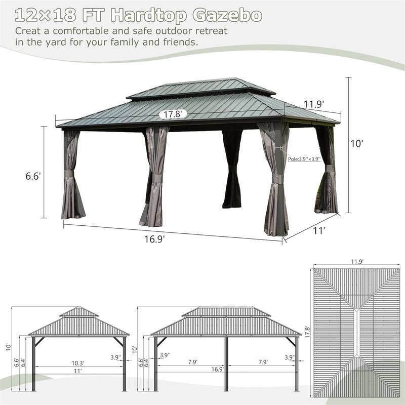12' x 18' Outdoor Aluminum Hardtop Gazebo with Galvanized Steel Double Roof with Curtain and Netting