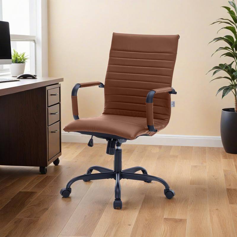 Harris Ribbed Leather Adjustable High-Back Desk Computer Swivel Office Chair in Black Metal Frame for Home Conference