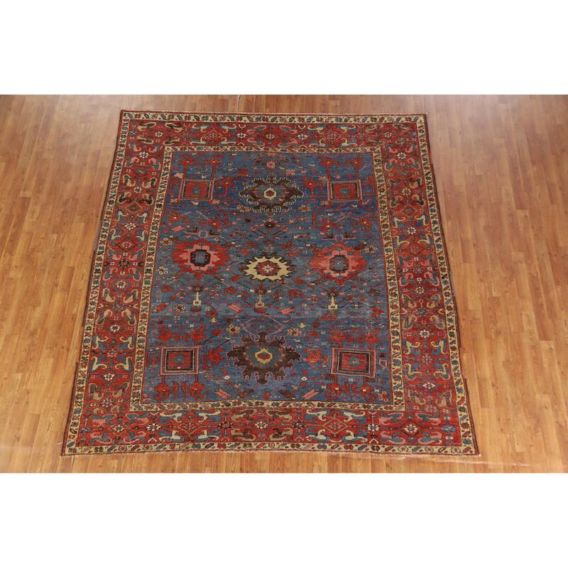 Hand Knotted Oriental 100% Wool Carpet Traditional Geometric Navy Blue & Blues Heriz Area Rug - 8' 5'' X 7' 11''