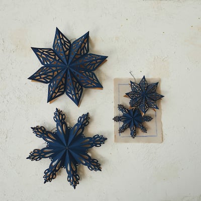 Flocked Paper Snowflake Ornament, Navy and Gold Color, Set of 2