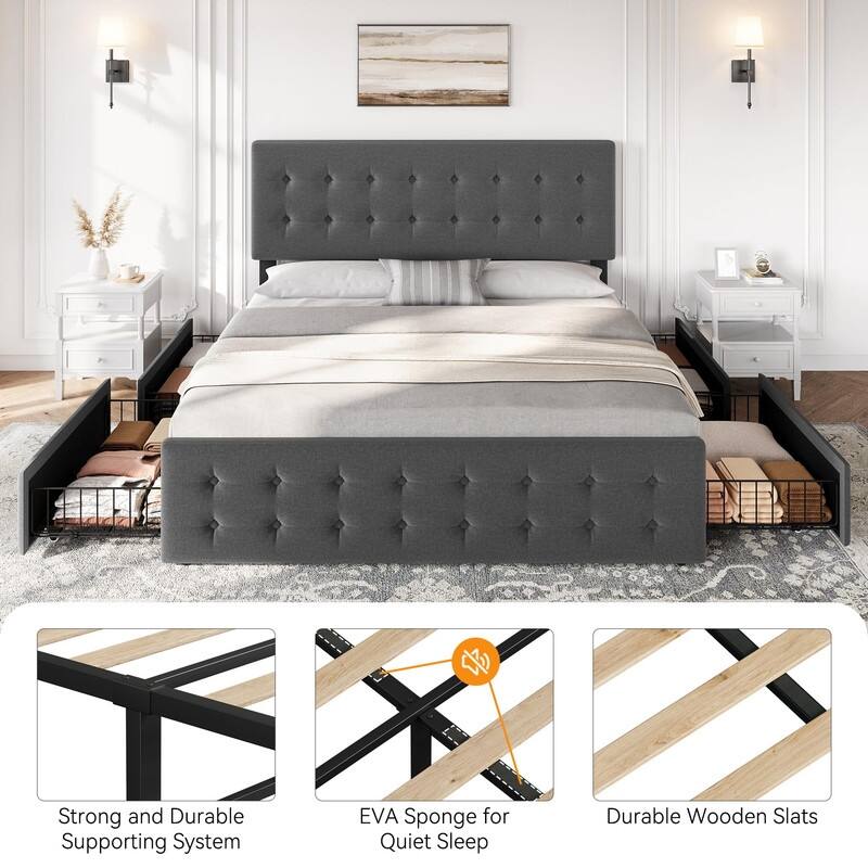Upholstered Bed with 4 Drawers and Adjustable Button-Tufted Linen Headboard