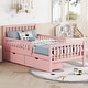 preview thumbnail 27 of 59, Vertical Headboard Footboard Platform Bed Frame, Both Side Guardrails, Wooden Slat Panel Bed with 2 Storage Drawers Pink - Twin
