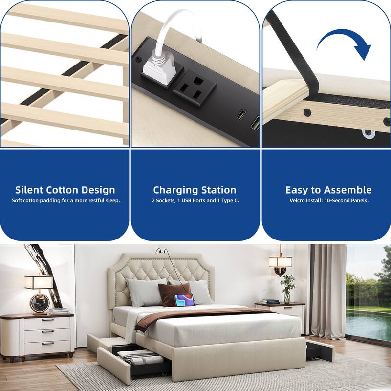 Moasis Velvet/Linen Upholstered Bedframe with Adjustable Headboard and 4 Storage Drawers
