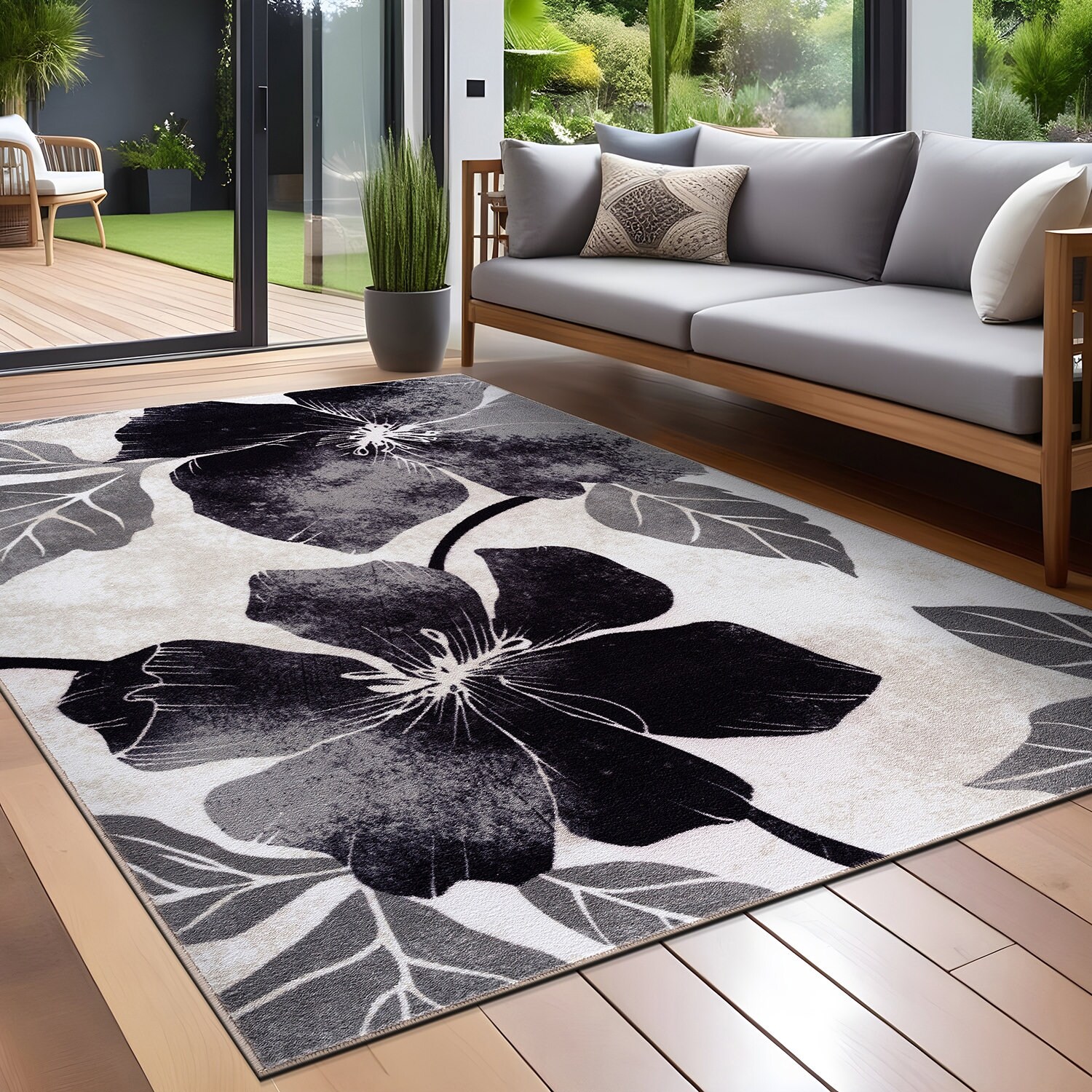 Flower Floor Mat / Black × White Amazon.com: Black and White Floral Carpet for Hallways Machine