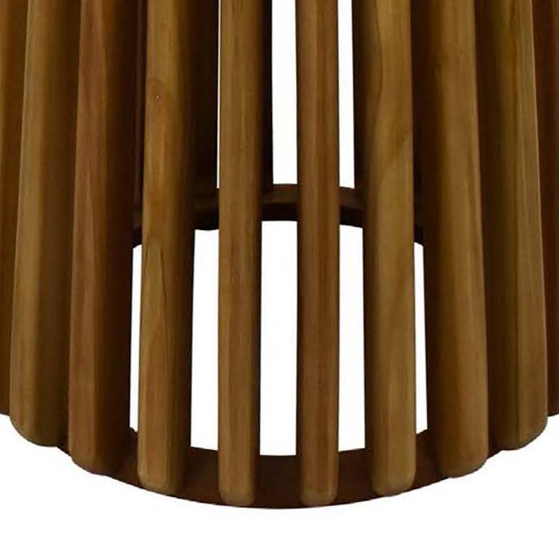 Gexy Side End Table, 16 Inch Marble Top, Slatted Drum Base, Brown