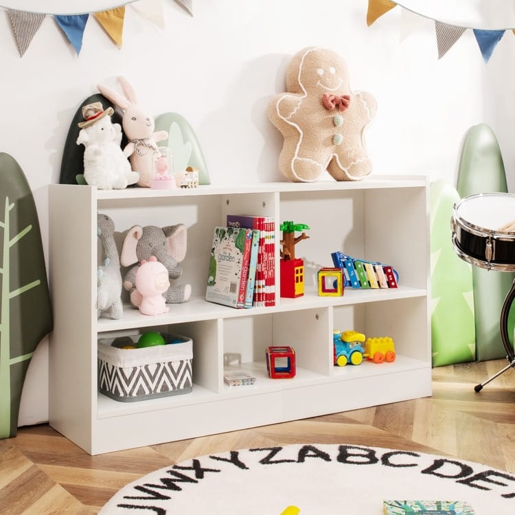 Children's Wooden Toy Storage Cabinet with 2 Shelves and 5 Cubes - 44" x 12" x 24" (L x W x H)