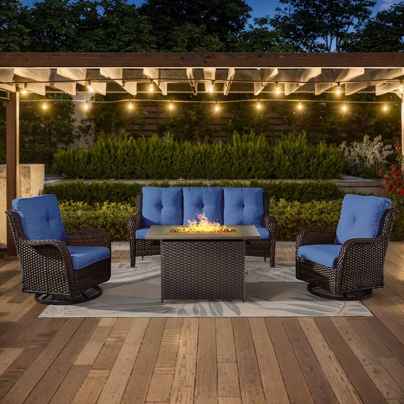 Gymojoy 4-Piece Outdoor Wicker Patio Furniture with Fire Pit Table, Rattan Coversation Set with Water Resistant Thick Cushions