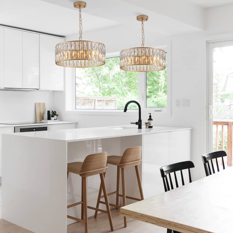 18" Golden Modern Crystal Drum Chandelier, 6-Light Pendant Lighting Fixture with Metal Frame (Bulbs Not Included)